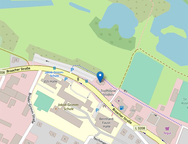Kartenausschnitt mit der Lage der Physiotherapie Adamek an der Braacher Straße gegenüber der Jakob-Grimm-Schule in Rotenburg an der Fulda